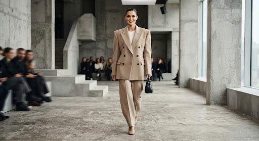 High-fashion AI runway clip of a female model wearing an architectural beige oversized blazer in a minimalist brutalist concrete studio