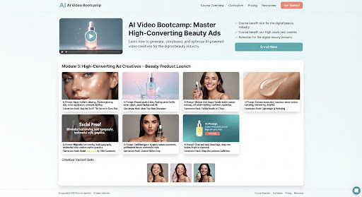 High quality commercial AI ad creative storyboard mockup showcasing digital beauty products, conversion hooks, and variant sets