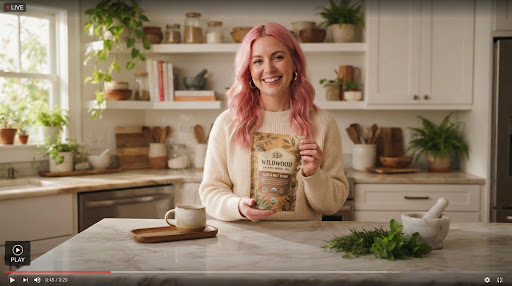 Cozy lifestyle kitchen video frame featuring a pink-haired woman smiling warmly behind a marble kitchen counter holding organic herbal tea packaging