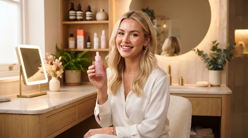 Photorealistic commercial frame of a blonde female beauty influencer holding a pink skincare bottle in a warm lit modern vanity bathroom studio