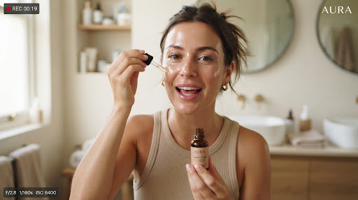 Hyper-realistic UGC video style scene of a creator speaking to the camera testing organic face serum with natural handheld camera jitter