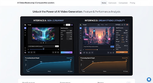 Comparison editorial illustration of modern AI generative interfaces side by side with speed graphs and model parameters on a sleek dark canvas