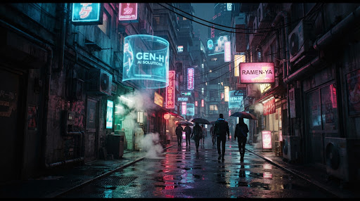 Sci-fi cyberpunk cinematic film still of a neon-lit futuristic city alleyway with reflective wet pavement and atmospheric holographic signs