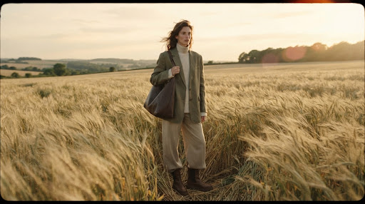 High-fashion hyperrealistic editorial video frame of a Zara-style model standing in a windswept wheat field under warm golden hour sunlight with muted earth tones and subtle lens flare