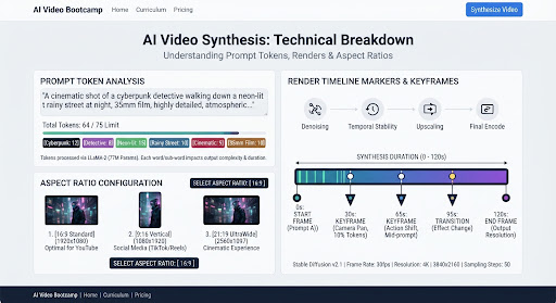 Technical breakdown infographic screen showing prompt tokens, aspect ratios, and render timeline markers for AI video synthesis