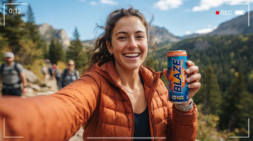 First-person selfie style UGC video frame of a young woman in outdoor puffer jacket holding an energy drink can with vibrant brand colors